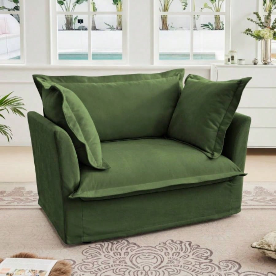 Slip - covered Armchair with 1 Big Back Cushion and 2 Big Toss Pillows, Single Deep Comfy Single Couch Sofa Multiple Large Soft Pillows, Chenille Fabric, Green