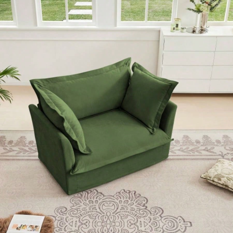 Slip - covered Armchair with 1 Big Back Cushion and 2 Big Toss Pillows, Single Deep Comfy Single Couch Sofa Multiple Large Soft Pillows, Chenille Fabric, Green