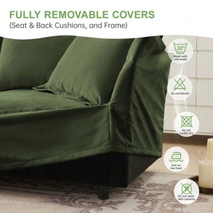 Slip - covered Armchair with 1 Big Back Cushion and 2 Big Toss Pillows, Single Deep Comfy Single Couch Sofa Multiple Large Soft Pillows, Chenille Fabric, Green