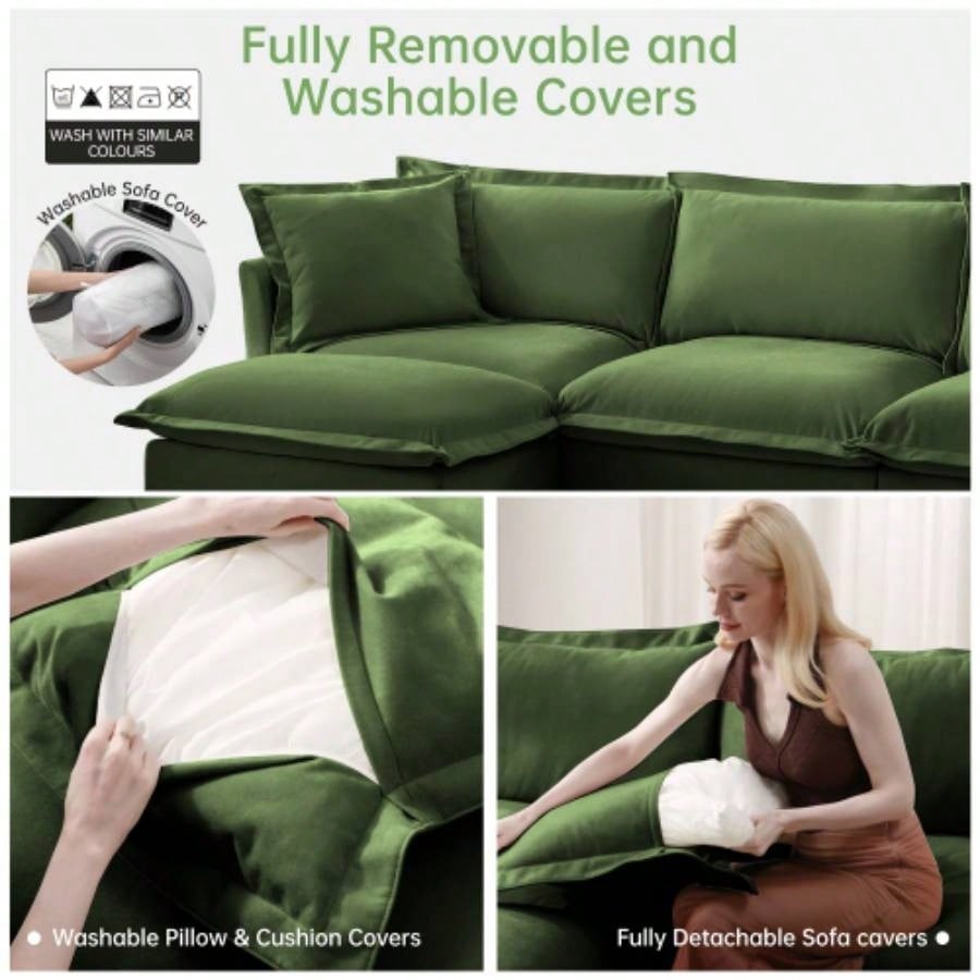 Slip - covered Armchair with 1 Big Back Cushion and 2 Big Toss Pillows, Single Deep Comfy Single Couch Sofa Multiple Large Soft Pillows, Chenille Fabric, Green