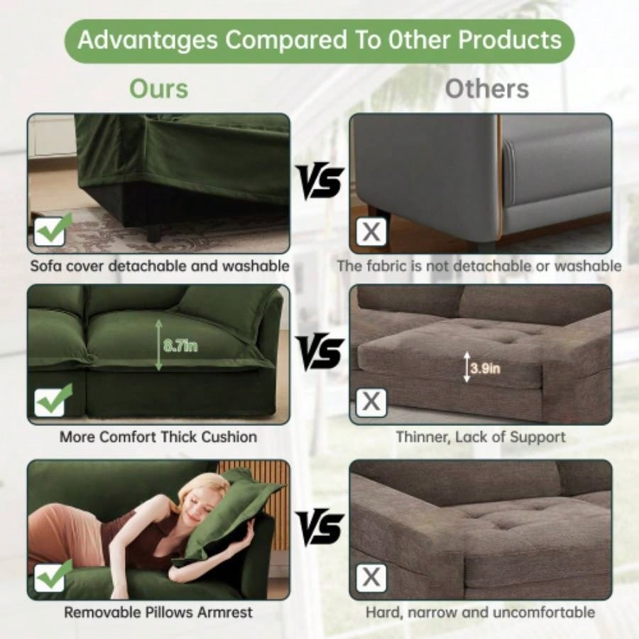 Slip - covered Armchair with 1 Big Back Cushion and 2 Big Toss Pillows, Single Deep Comfy Single Couch Sofa Multiple Large Soft Pillows, Chenille Fabric, Green