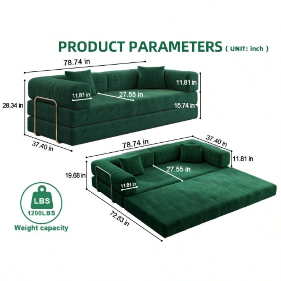 78.8inch Modular Sectional Sofa, Convertible Pudding Block Sofa, Floor Standing Sofa Bed Arm Comfort Sofa Bed, Compression Sofa Living Room and Bedroom - Green