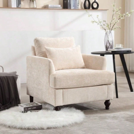 Wood Frame Armchair, Modern Accent Chair Lounge Chair Living Room, Tufted Club Chair, Mid Modern Arm Chairs with Studded, Solid Wood Frame, Bedroom, ReadingBeige Chenille