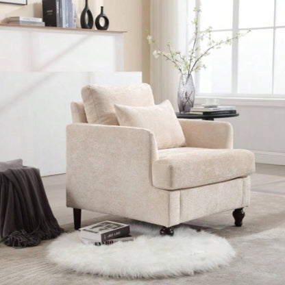 Wood Frame Armchair, Modern Accent Chair Lounge Chair Living Room, Tufted Club Chair, Mid Modern Arm Chairs with Studded, Solid Wood Frame, Bedroom, ReadingBeige Chenille