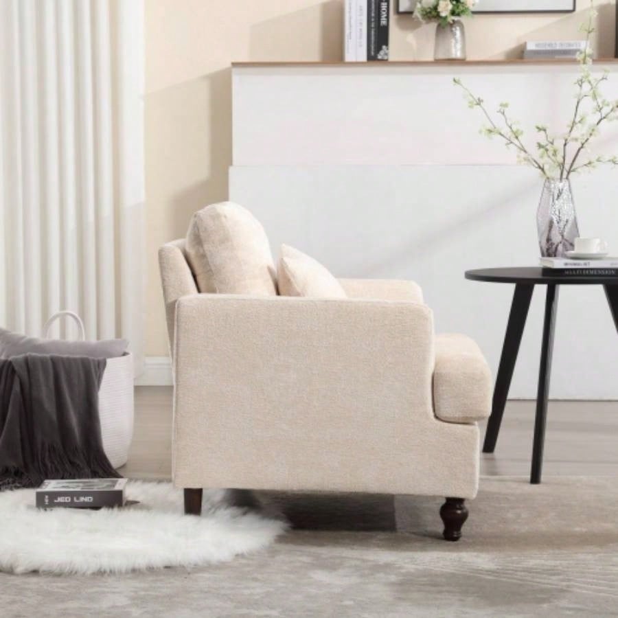 Wood Frame Armchair, Modern Accent Chair Lounge Chair Living Room, Tufted Club Chair, Mid Modern Arm Chairs with Studded, Solid Wood Frame, Bedroom, ReadingBeige Chenille