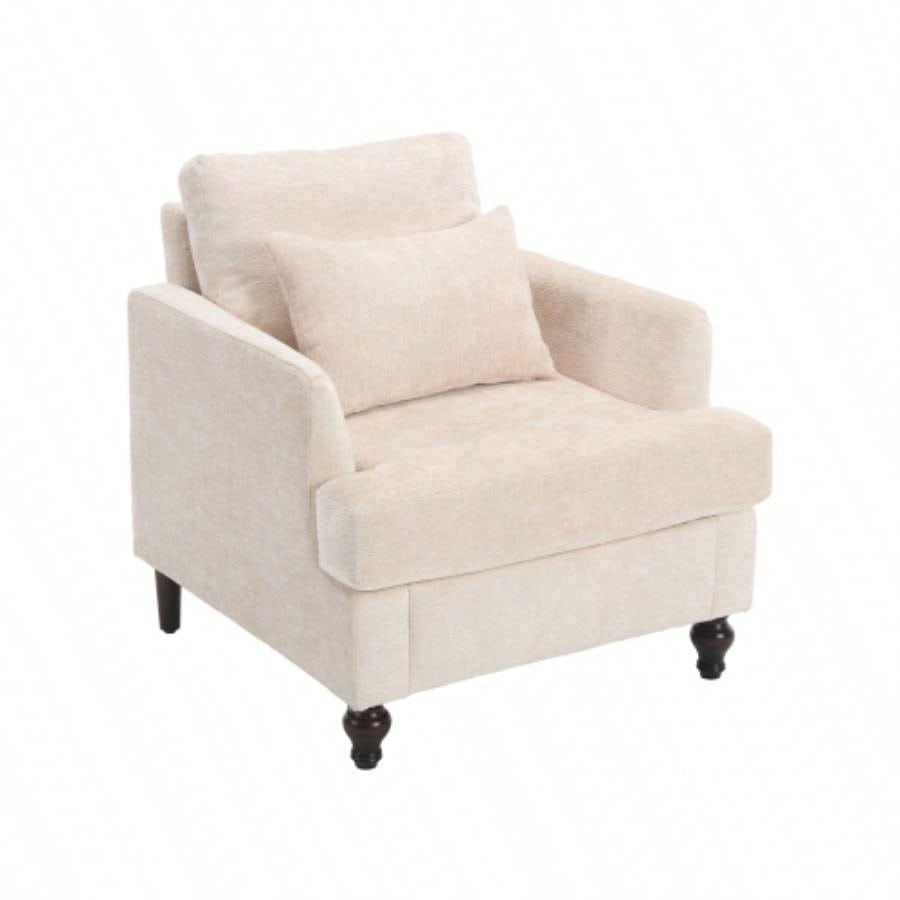 Wood Frame Armchair, Modern Accent Chair Lounge Chair Living Room, Tufted Club Chair, Mid Modern Arm Chairs with Studded, Solid Wood Frame, Bedroom, ReadingBeige Chenille