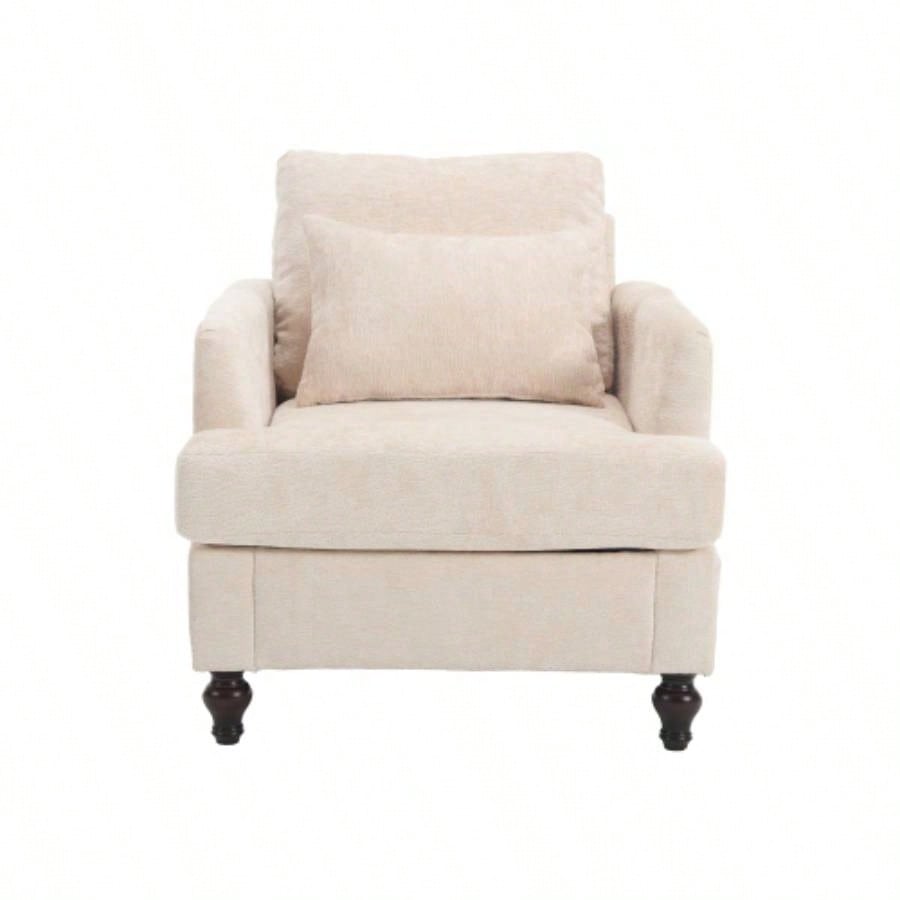Wood Frame Armchair, Modern Accent Chair Lounge Chair Living Room, Tufted Club Chair, Mid Modern Arm Chairs with Studded, Solid Wood Frame, Bedroom, ReadingBeige Chenille
