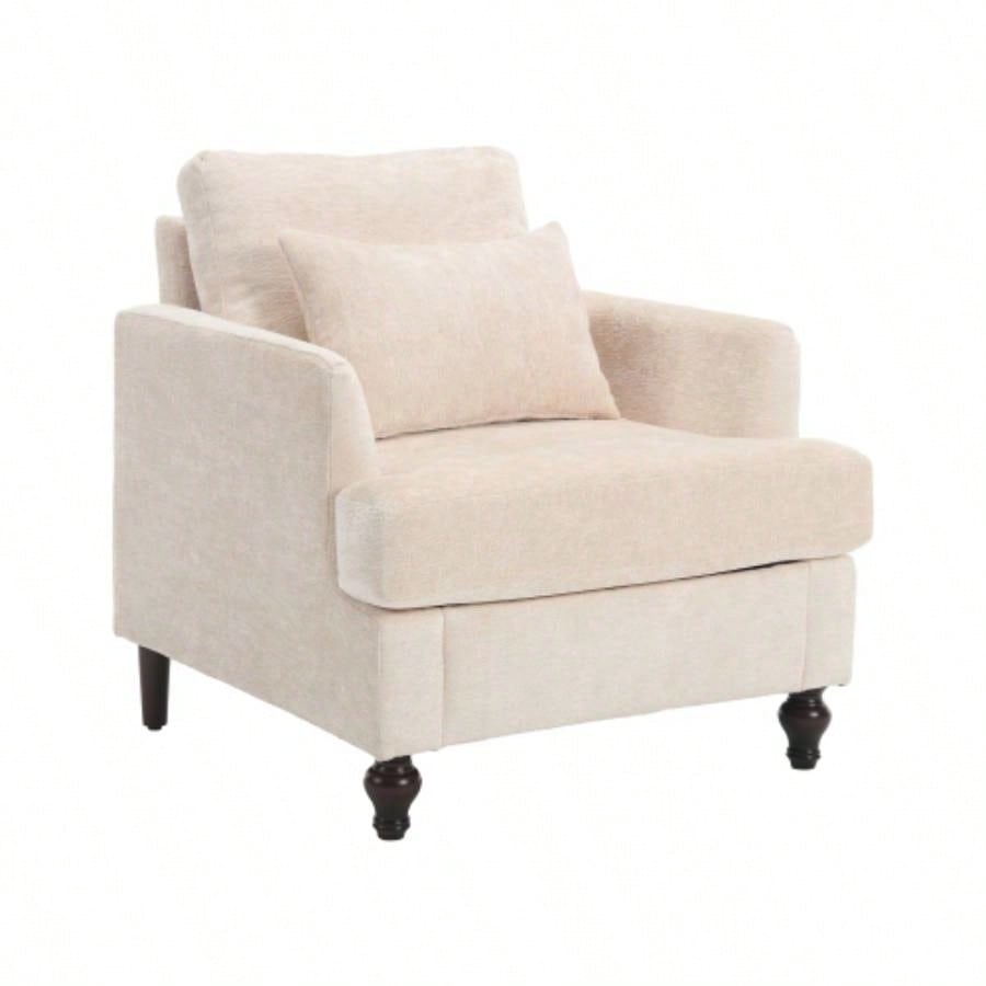 Wood Frame Armchair, Modern Accent Chair Lounge Chair Living Room, Tufted Club Chair, Mid Modern Arm Chairs with Studded, Solid Wood Frame, Bedroom, ReadingBeige Chenille
