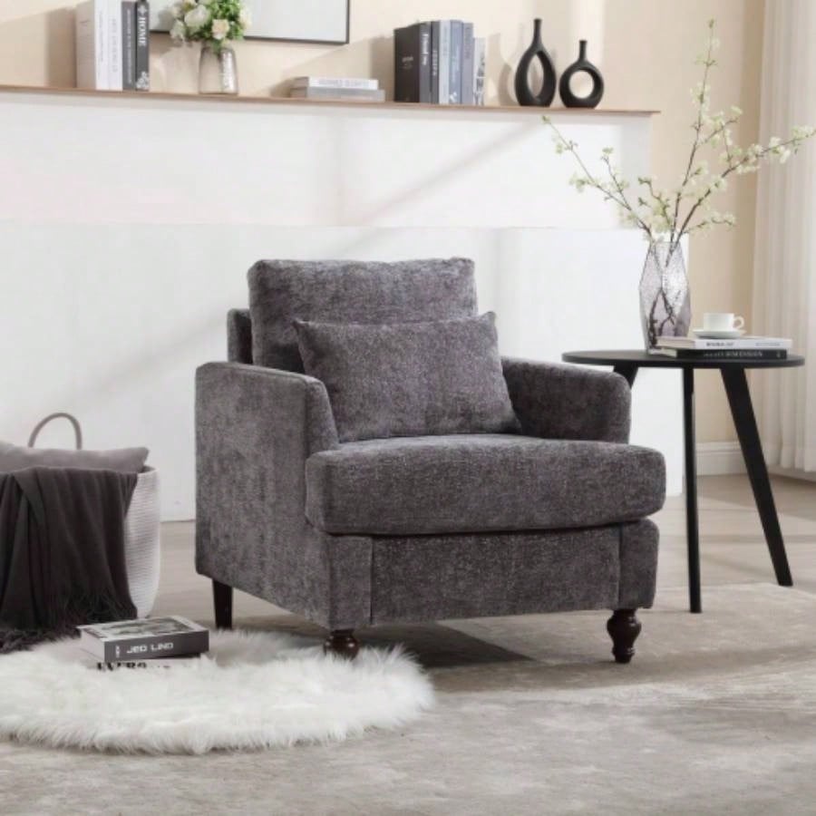 Wood Frame Armchair, Modern Accent Chair Lounge Chair Living Room, Tufted Club Chair, Mid Modern Arm Chairs with Studded, Solid Wood Frame, Bedroom, ReadingBeige Chenille
