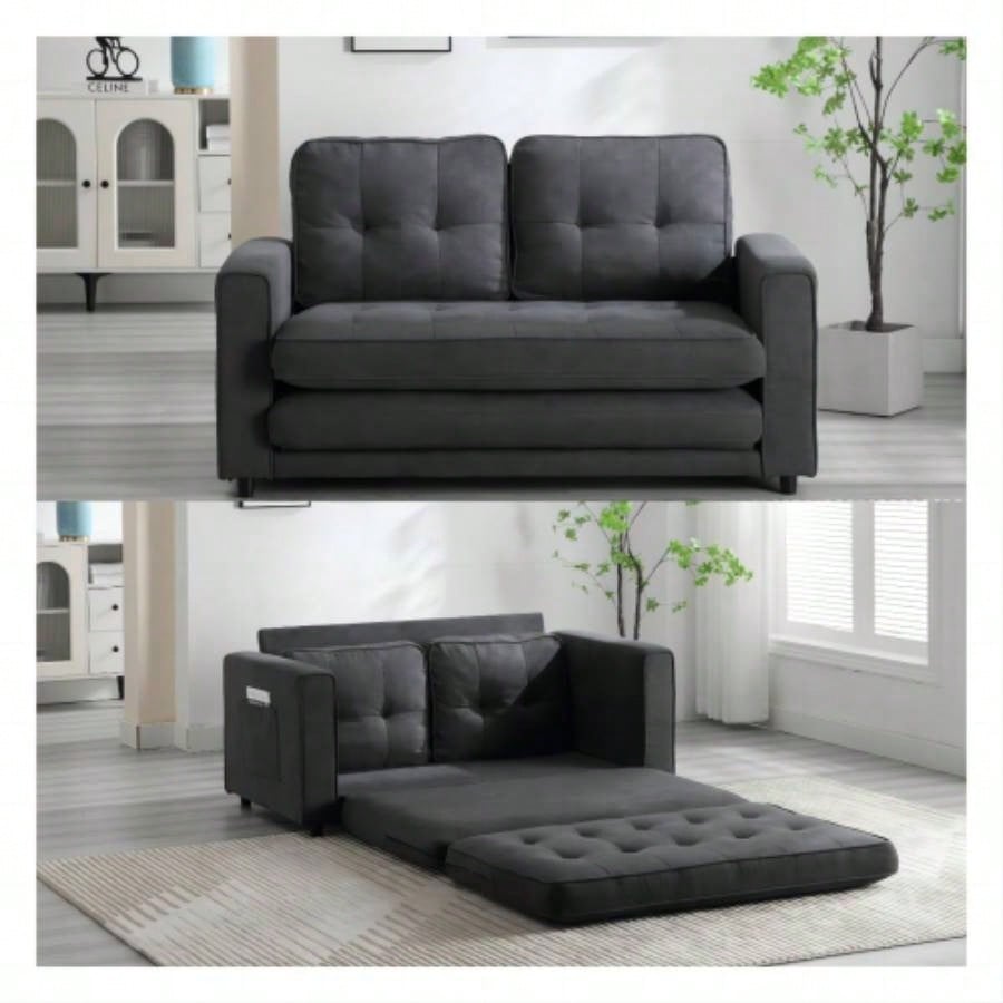 3 Fold Sofa, Convertible Futon Couch sleeper sofabed, Space saving loveseat, Pull Out Couch Bed Living Room, Dark Gray Light Gray Beige, Velvet linen fabric