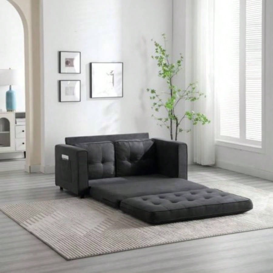 3 Fold Sofa, Convertible Futon Couch sleeper sofabed, Space saving loveseat, Pull Out Couch Bed Living Room, Dark Gray Light Gray Beige, Velvet linen fabric