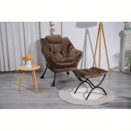 Living Room Chairs Modern Cotton Fabric Lazy Chair, Accent Contemporary Lounge Chair, Single Steel Frame Leisure Sofa Chair with Armrests and A Side Pocket Brown, with ottoman, with footrest