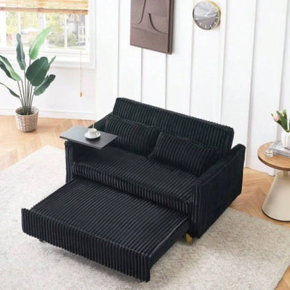 pull - out and push - in black corduroy sofa with dual functions, equipped with a movable tabletop and USB ports, is suitable use in living rooms and bedrooms.
