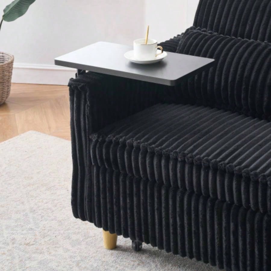 pull - out and push - in black corduroy sofa with dual functions, equipped with a movable tabletop and USB ports, is suitable use in living rooms and bedrooms.