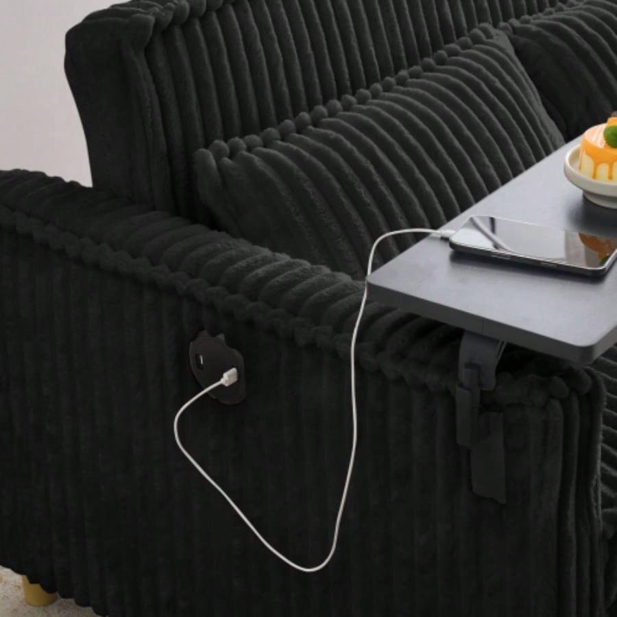 pull - out and push - in black corduroy sofa with dual functions, equipped with a movable tabletop and USB ports, is suitable use in living rooms and bedrooms.