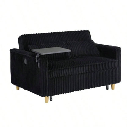 pull - out and push - in black corduroy sofa with dual functions, equipped with a movable tabletop and USB ports, is suitable use in living rooms and bedrooms.