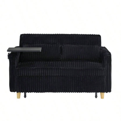 pull - out and push - in black corduroy sofa with dual functions, equipped with a movable tabletop and USB ports, is suitable use in living rooms and bedrooms.