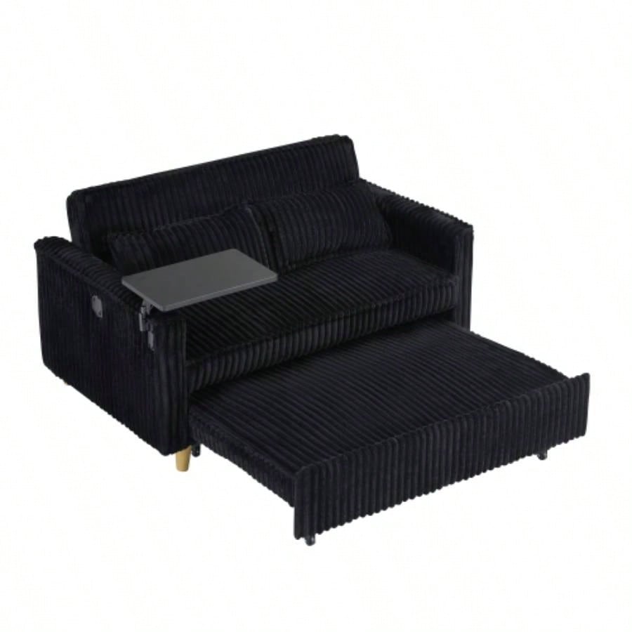 pull - out and push - in black corduroy sofa with dual functions, equipped with a movable tabletop and USB ports, is suitable use in living rooms and bedrooms.