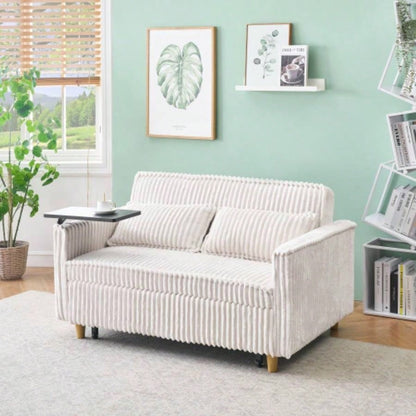 pull - out and push - in black corduroy sofa with dual functions, equipped with a movable tabletop and USB ports, is suitable use in living rooms and bedrooms.