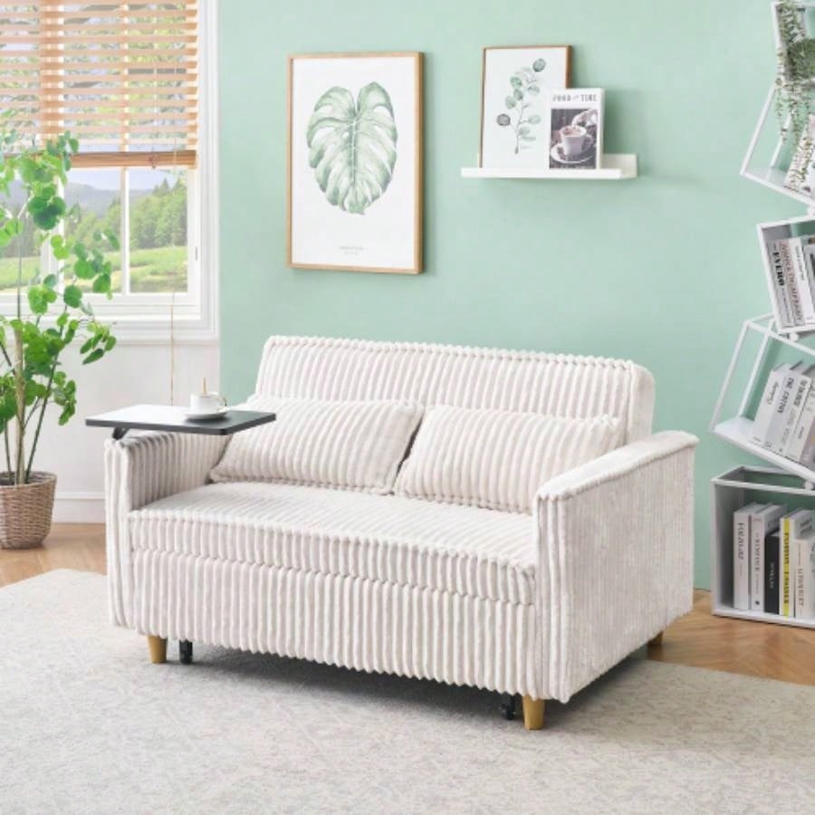 pull - out and push - in black corduroy sofa with dual functions, equipped with a movable tabletop and USB ports, is suitable use in living rooms and bedrooms.
