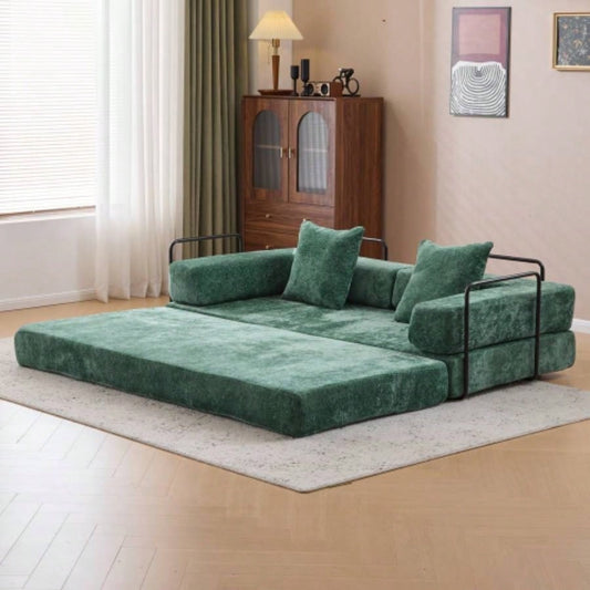 Floor Couch, Compression Sofa, Convertible Floor Sofa Bed - with Pillow Back Support Armrest, Comfy Futon Couch Lounge Sleeper Bed, Chenille fabric, Living Room Bedroom dark green