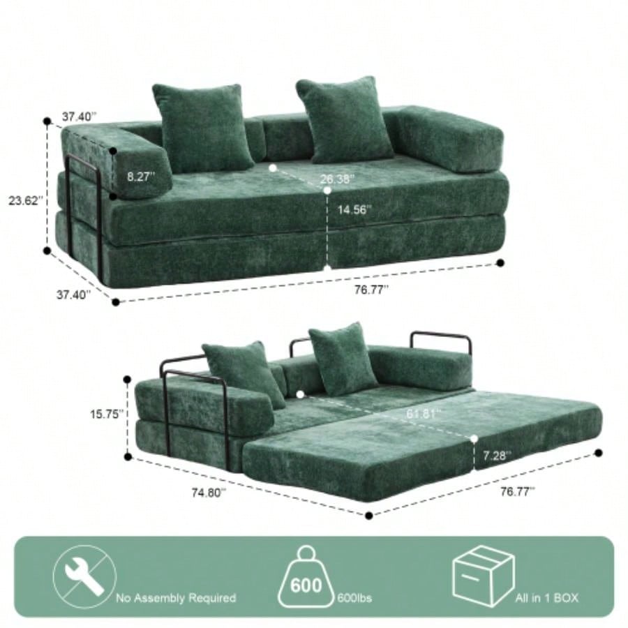 Floor Couch, Compression Sofa, Convertible Floor Sofa Bed - with Pillow Back Support Armrest, Comfy Futon Couch Lounge Sleeper Bed, Chenille fabric, Living Room Bedroom dark green