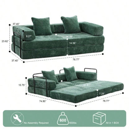 Floor Couch, Compression Sofa, Convertible Floor Sofa Bed - with Pillow Back Support Armrest, Comfy Futon Couch Lounge Sleeper Bed, Chenille fabric, Living Room Bedroom dark green
