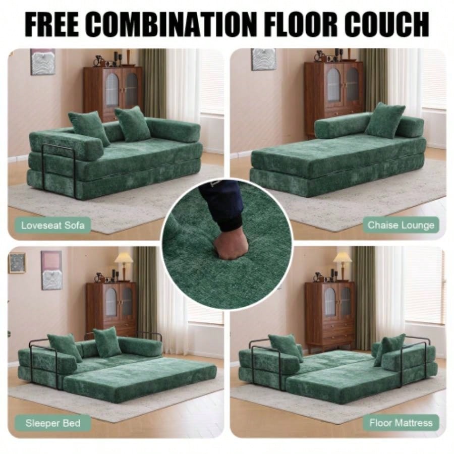 Floor Couch, Compression Sofa, Convertible Floor Sofa Bed - with Pillow Back Support Armrest, Comfy Futon Couch Lounge Sleeper Bed, Chenille fabric, Living Room Bedroom dark green