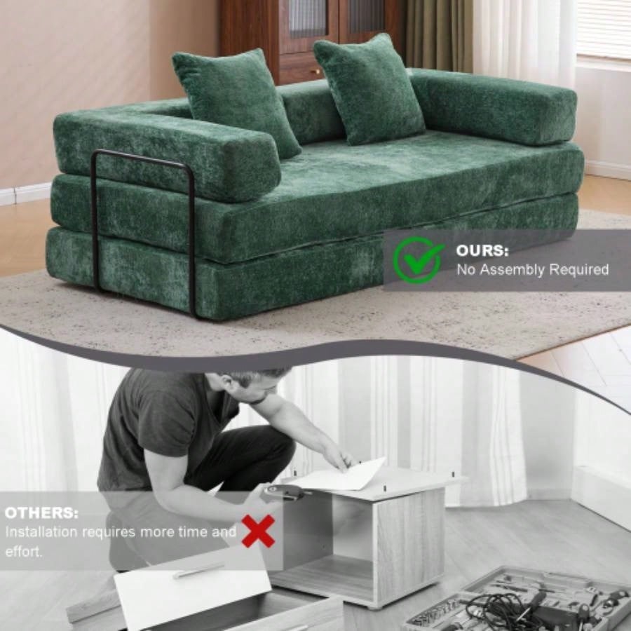 Floor Couch, Compression Sofa, Convertible Floor Sofa Bed - with Pillow Back Support Armrest, Comfy Futon Couch Lounge Sleeper Bed, Chenille fabric, Living Room Bedroom dark green