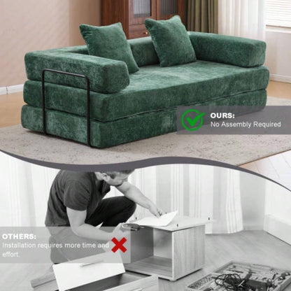 Floor Couch, Compression Sofa, Convertible Floor Sofa Bed - with Pillow Back Support Armrest, Comfy Futon Couch Lounge Sleeper Bed, Chenille fabric, Living Room Bedroom dark green