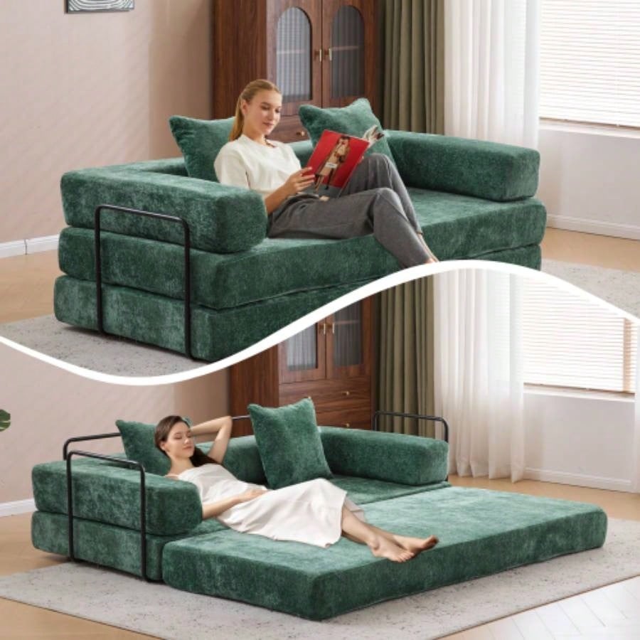 Floor Couch, Compression Sofa, Convertible Floor Sofa Bed - with Pillow Back Support Armrest, Comfy Futon Couch Lounge Sleeper Bed, Chenille fabric, Living Room Bedroom dark green