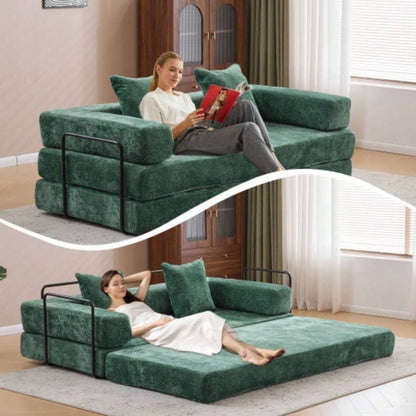 Floor Couch, Compression Sofa, Convertible Floor Sofa Bed - with Pillow Back Support Armrest, Comfy Futon Couch Lounge Sleeper Bed, Chenille fabric, Living Room Bedroom dark green