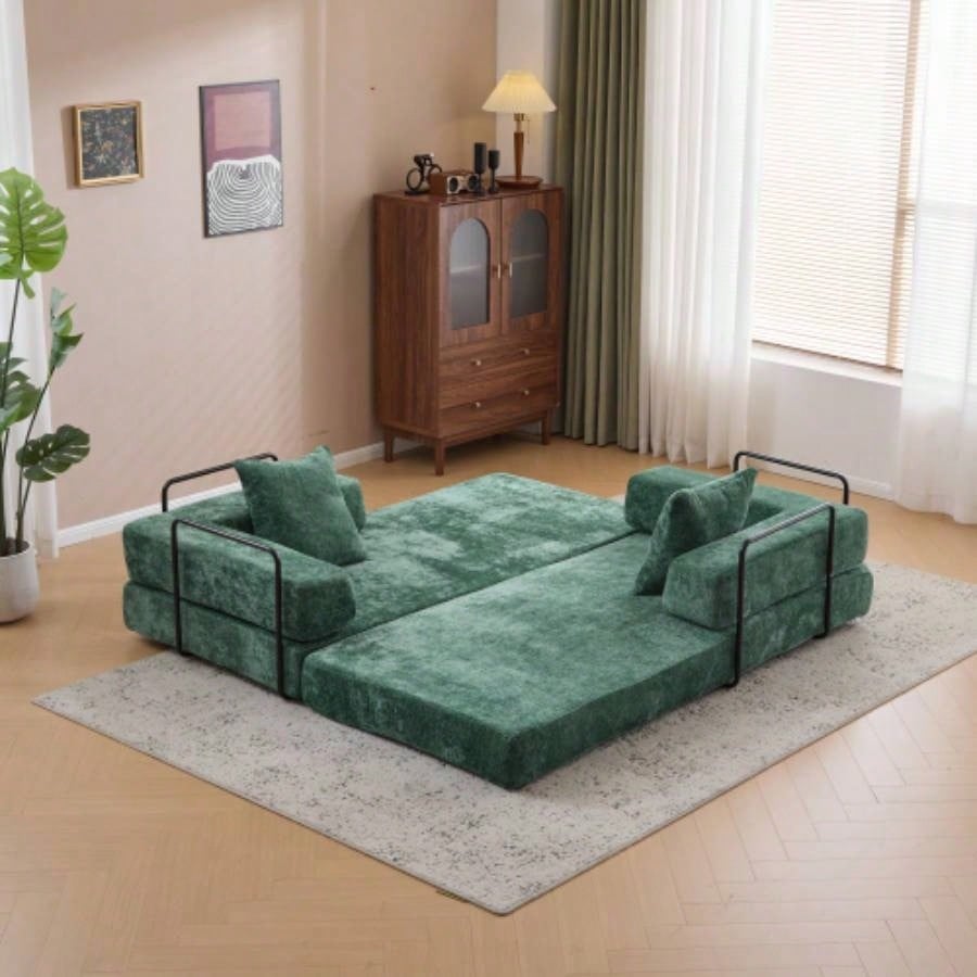 Floor Couch, Compression Sofa, Convertible Floor Sofa Bed - with Pillow Back Support Armrest, Comfy Futon Couch Lounge Sleeper Bed, Chenille fabric, Living Room Bedroom dark green