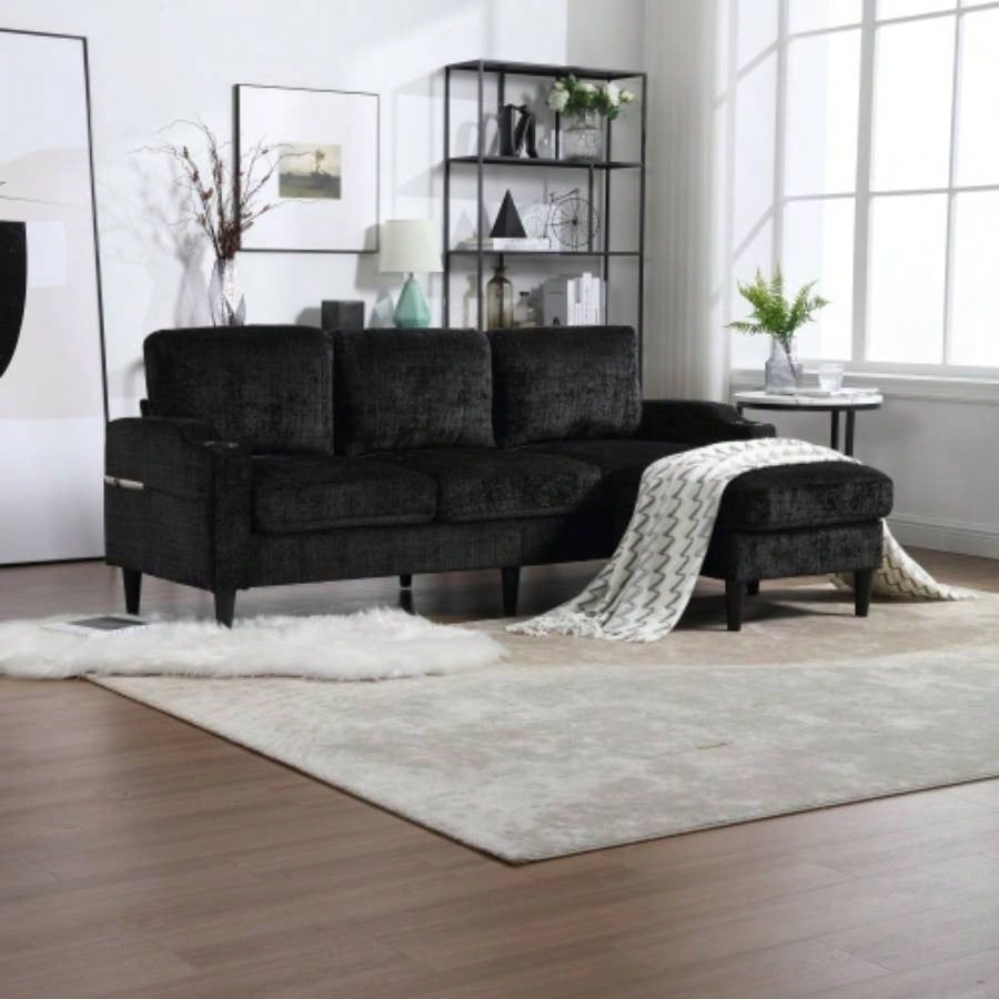 UNITED WE WIN Sofa three, solid wood frame, Chenille fabric, side pocket, with two cup holders, footstool with storagestorage sofa/Living room sofa cozy sectional sofa