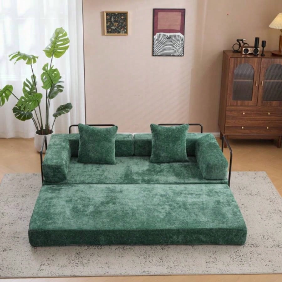 Floor Couch, Compression Sofa, Convertible Floor Sofa Bed - with Pillow Back Support Armrest, Comfy Futon Couch Lounge Sleeper Bed, Chenille fabric, Living Room Bedroom dark green