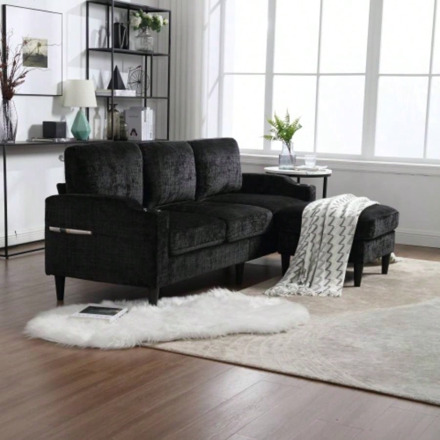 UNITED WE WIN Sofa three, solid wood frame, Chenille fabric, side pocket, with two cup holders, footstool with storagestorage sofa/Living room sofa cozy sectional sofa