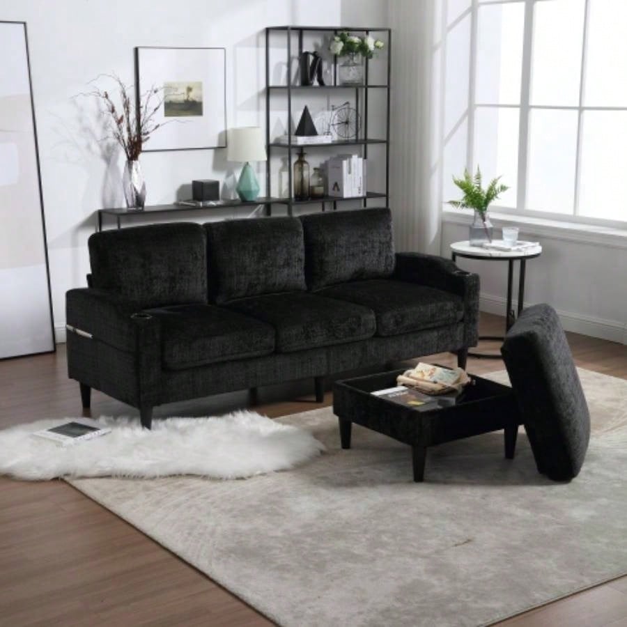 UNITED WE WIN Sofa three, solid wood frame, Chenille fabric, side pocket, with two cup holders, footstool with storagestorage sofa/Living room sofa cozy sectional sofa