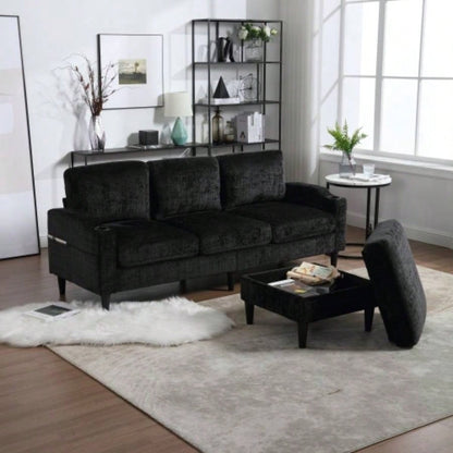 UNITED WE WIN Sofa three, solid wood frame, Chenille fabric, side pocket, with two cup holders, footstool with storagestorage sofa/Living room sofa cozy sectional sofa