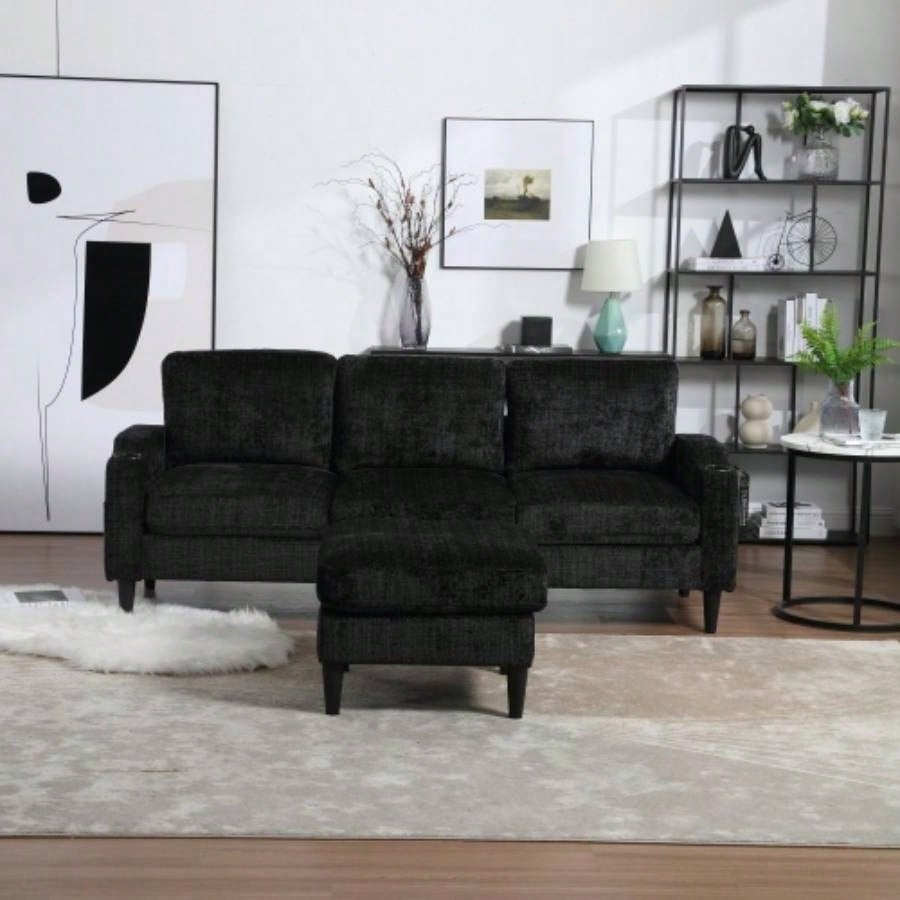 UNITED WE WIN Sofa three, solid wood frame, Chenille fabric, side pocket, with two cup holders, footstool with storagestorage sofa/Living room sofa cozy sectional sofa