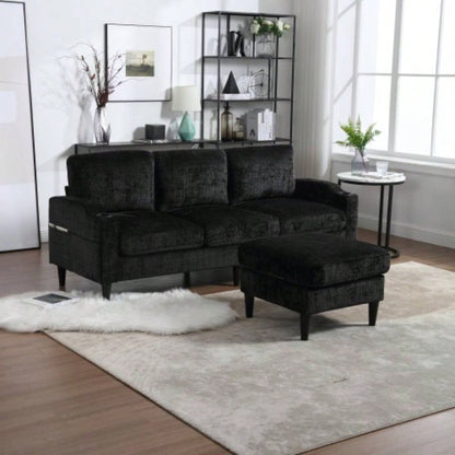 UNITED WE WIN Sofa three, solid wood frame, Chenille fabric, side pocket, with two cup holders, footstool with storagestorage sofa/Living room sofa cozy sectional sofa