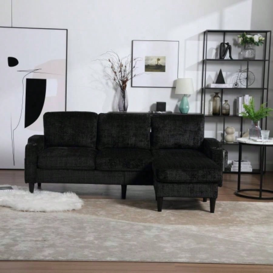 UNITED WE WIN Sofa three, solid wood frame, Chenille fabric, side pocket, with two cup holders, footstool with storagestorage sofa/Living room sofa cozy sectional sofa