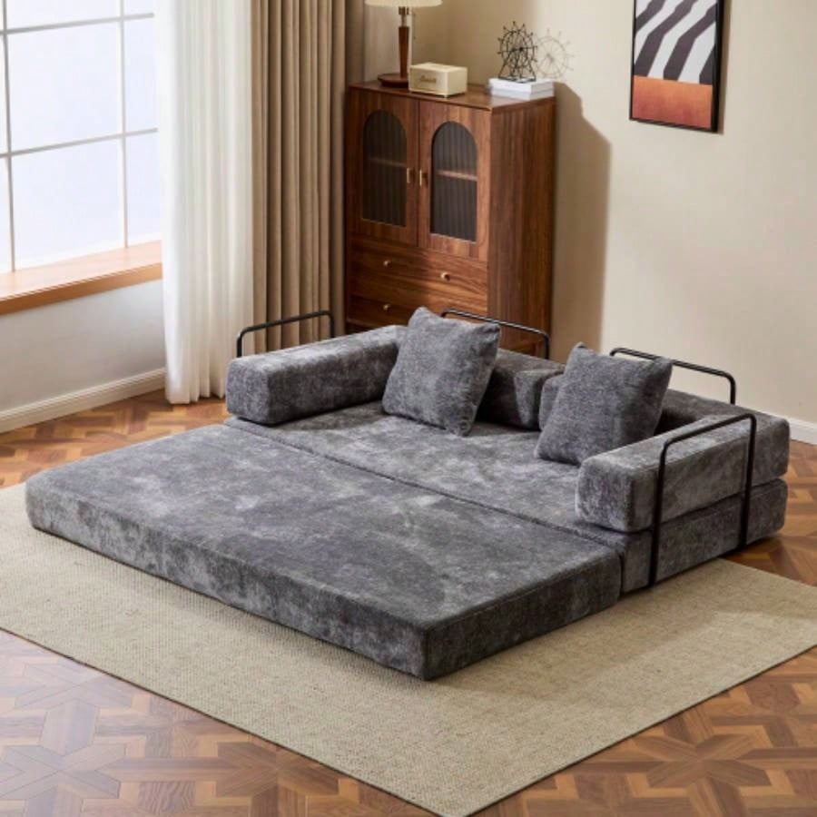 Floor Couch, Compression Sofa, Convertible Floor Sofa Bed - with Pillow Back Support Armrest, Comfy Futon Couch Lounge Sleeper Bed, Chenille fabric, Living Room Bedroom dark green