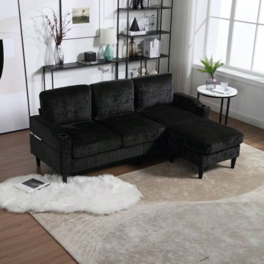UNITED WE WIN Sofa three, solid wood frame, Chenille fabric, side pocket, with two cup holders, footstool with storagestorage sofa/Living room sofa cozy sectional sofa