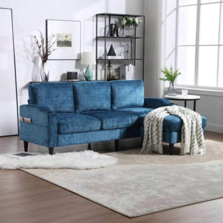 UNITED WE WIN Sofa three, solid wood frame, Chenille fabric, side pocket, with two cup holders, footstool with storagestorage sofa/Living room sofa cozy sectional sofa