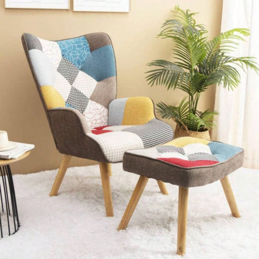 Accent Chair with Ottoman, Living Room Chair and Ottoman Set, Comfy Side Armchair Bedroom, Splicing Cloth Surface