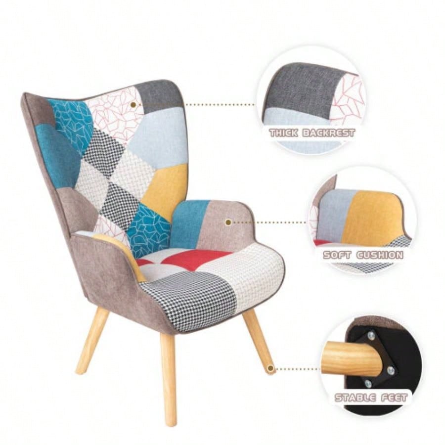Accent Chair with Ottoman, Living Room Chair and Ottoman Set, Comfy Side Armchair Bedroom, Splicing Cloth Surface
