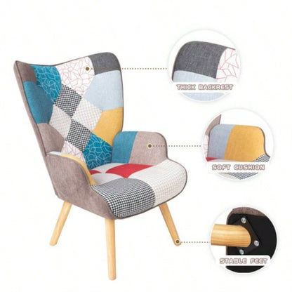 Accent Chair with Ottoman, Living Room Chair and Ottoman Set, Comfy Side Armchair Bedroom, Splicing Cloth Surface