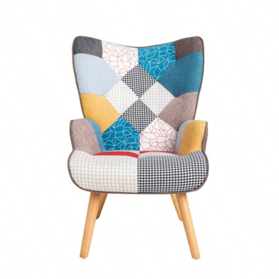 Accent Chair with Ottoman, Living Room Chair and Ottoman Set, Comfy Side Armchair Bedroom, Splicing Cloth Surface