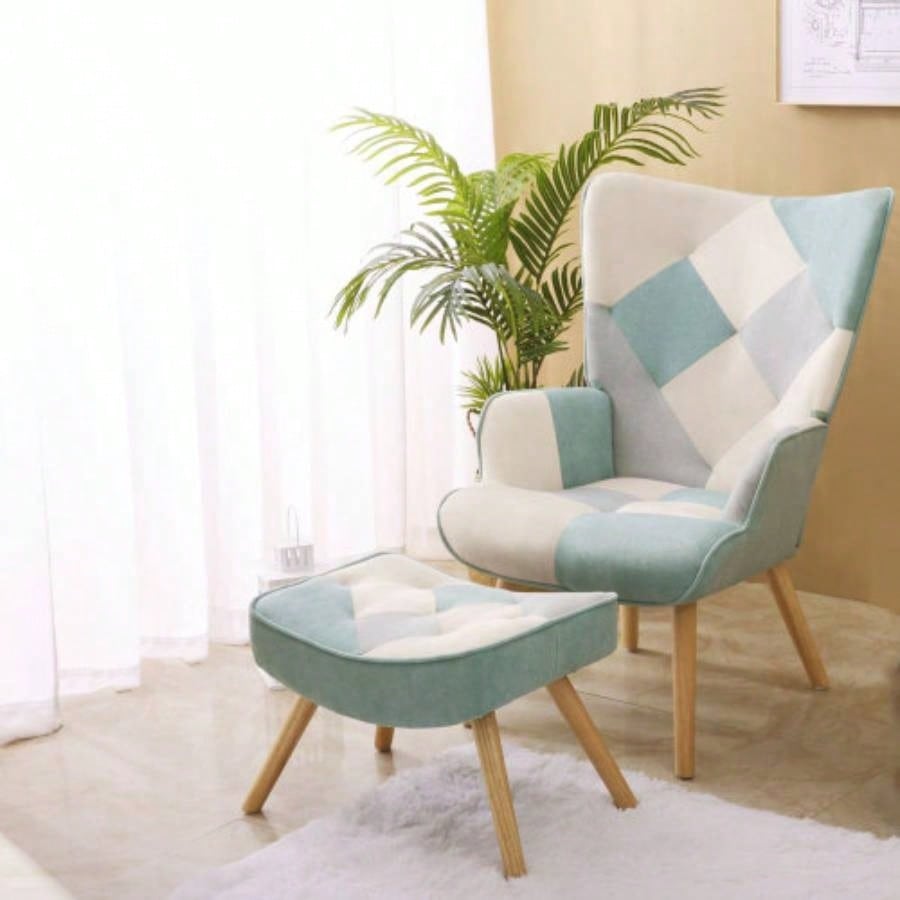 Accent Chair with Ottoman, Living Room Chair and Ottoman Set, Comfy Side Armchair Bedroom, Splicing Cloth Surface