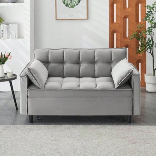 Modern Velvet Loveseat Futon Sofa Couch Pullout Bed, Small Love Lounge Sofa/Reclining Backrest, Toss Pillows, Pockets, Furniture Living Room, 3 in 1 Convertible Sleeper Sofa Bed, Gra